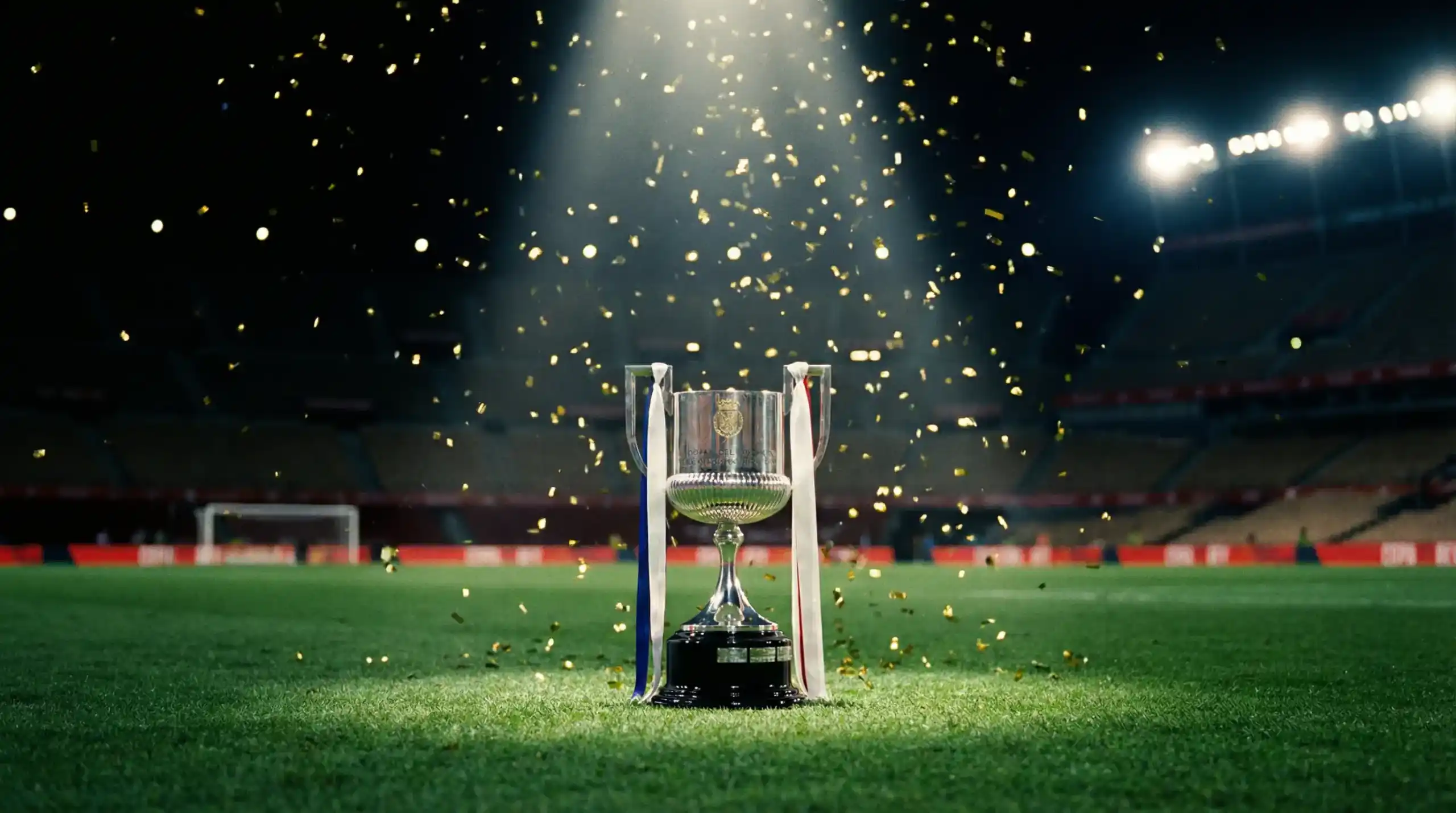 Trofeo de la Copa del Rey sobre césped con confeti dorado cayendo