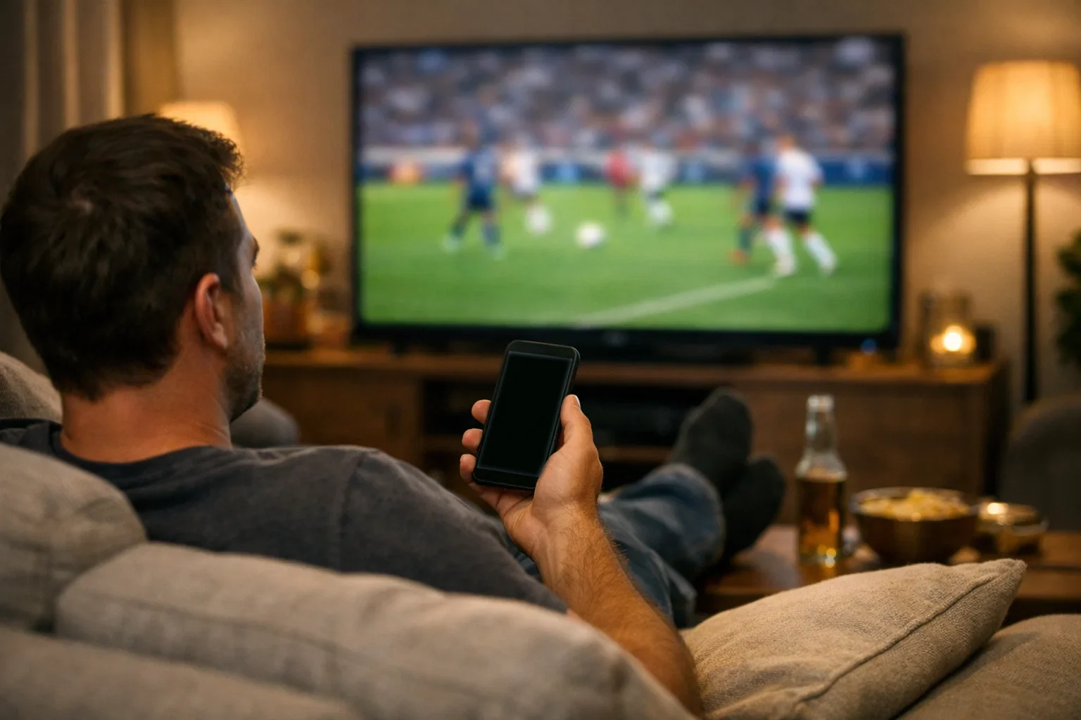 Aficionado viendo un partido de fútbol en televisión con smartphone en mano