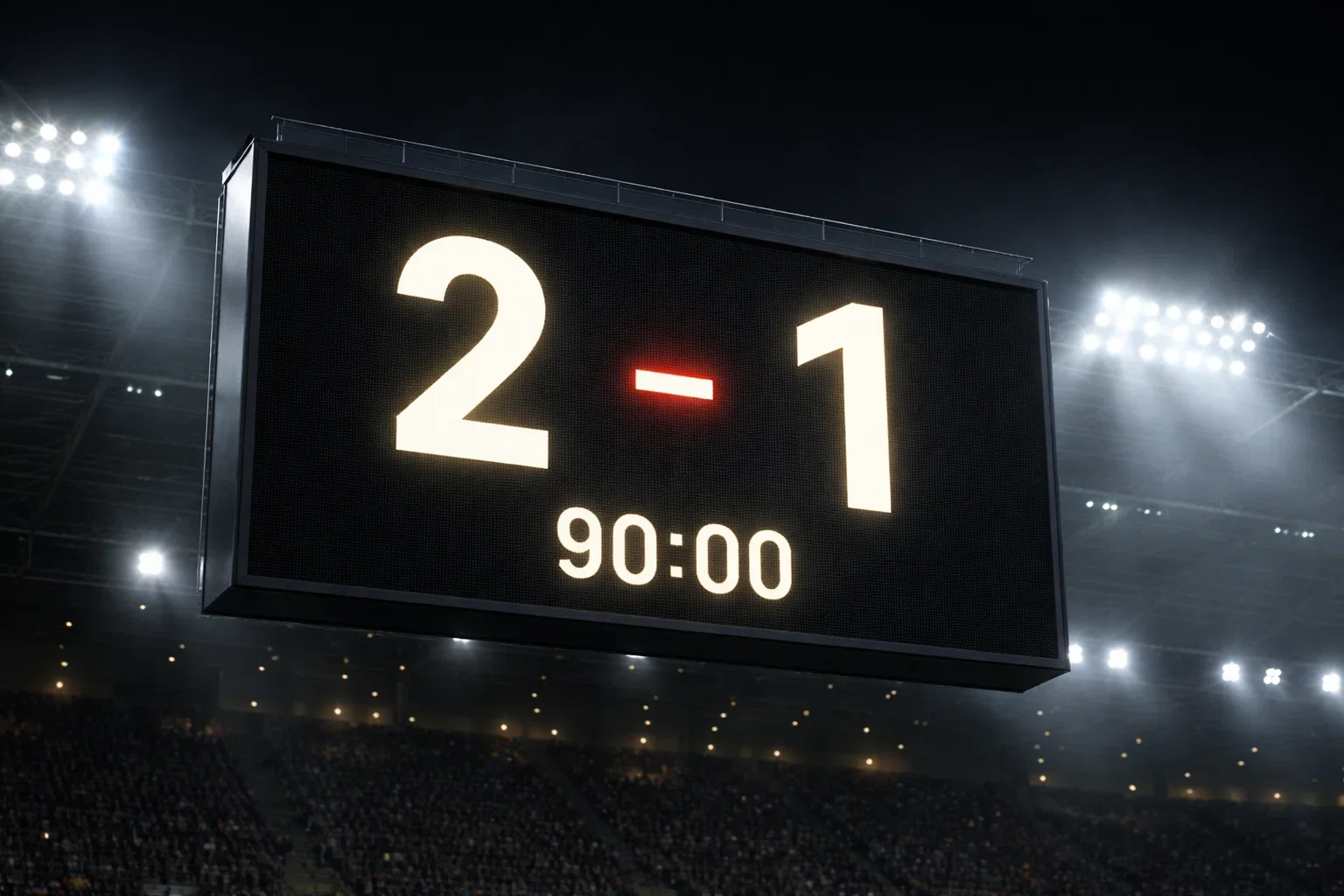 Marcador de estadio mostrando resultado de un partido de fútbol