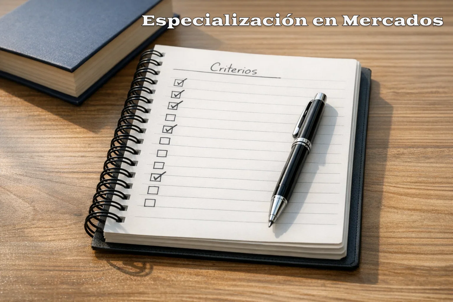 Libreta con lista de criterios de selección junto a un bolígrafo