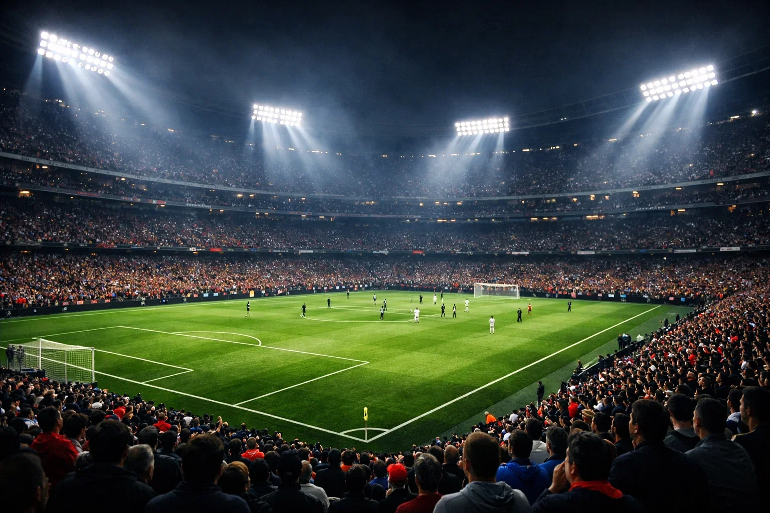 Estadio de fútbol español iluminado durante un partido nocturno de LaLiga