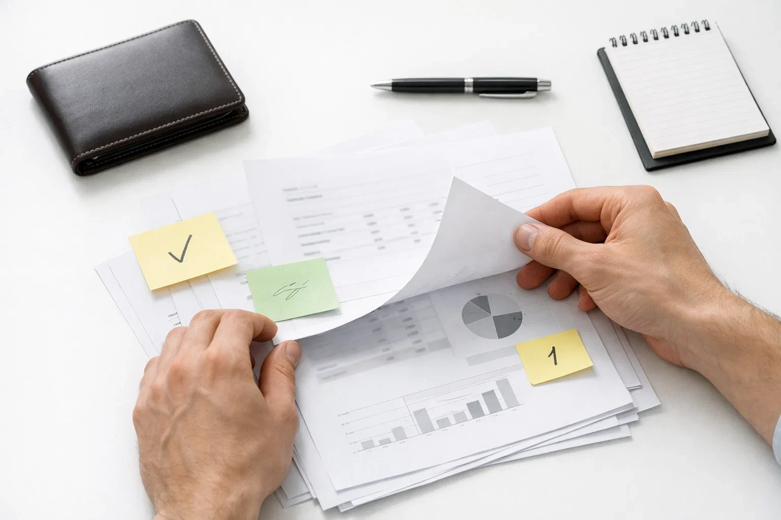 Persona organizando notas financieras en un escritorio ordenado