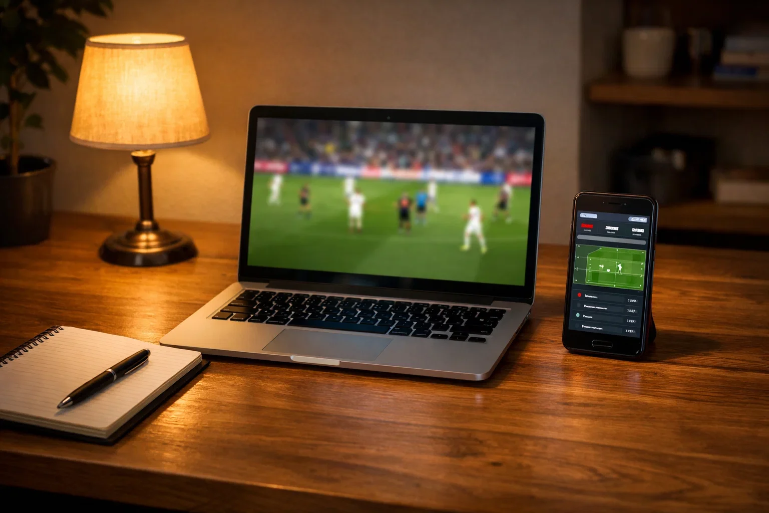 Smartphone y portátil mostrando streaming de fútbol en un escritorio