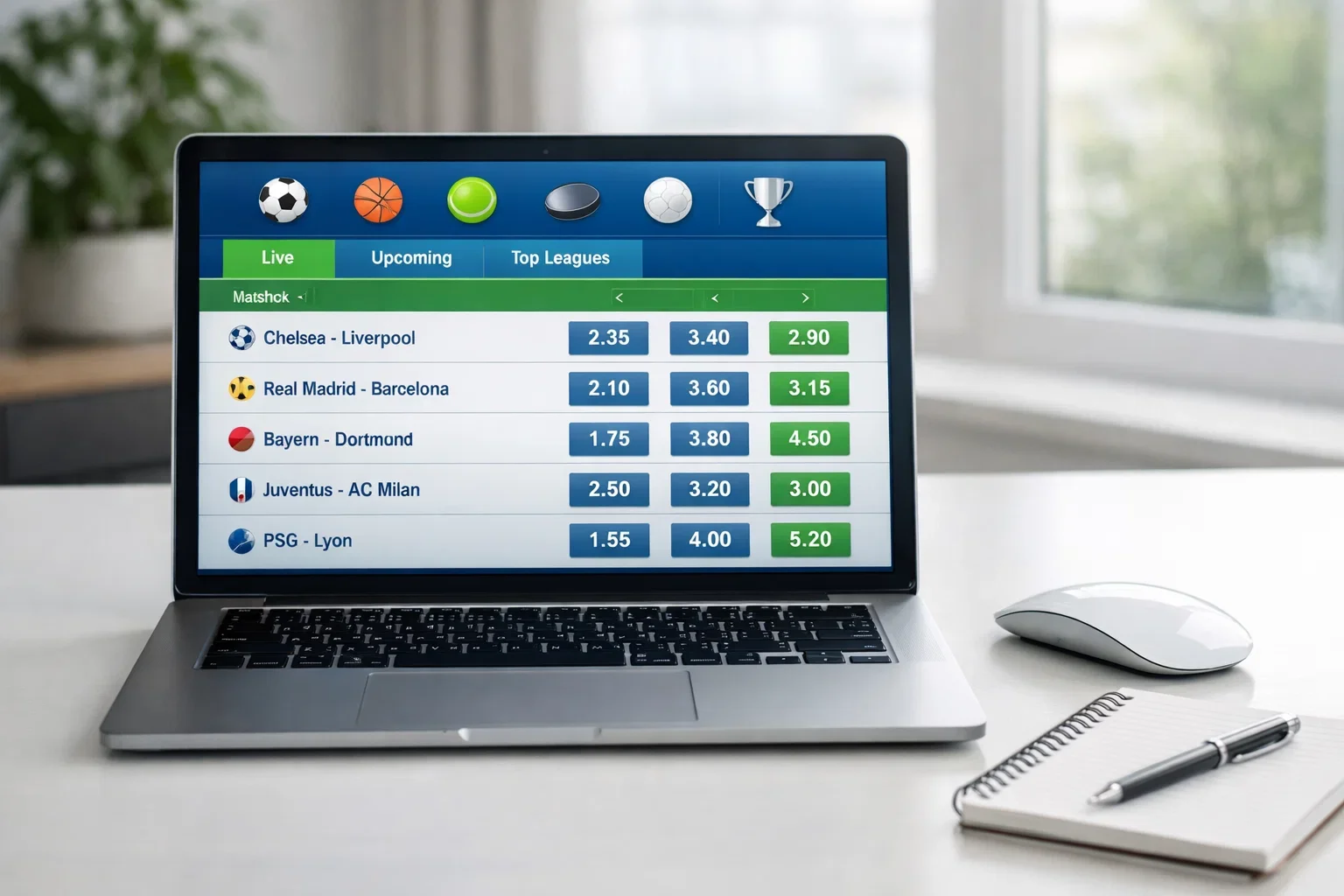 Pantalla de portátil mostrando interfaz de aplicación de apuestas deportivas