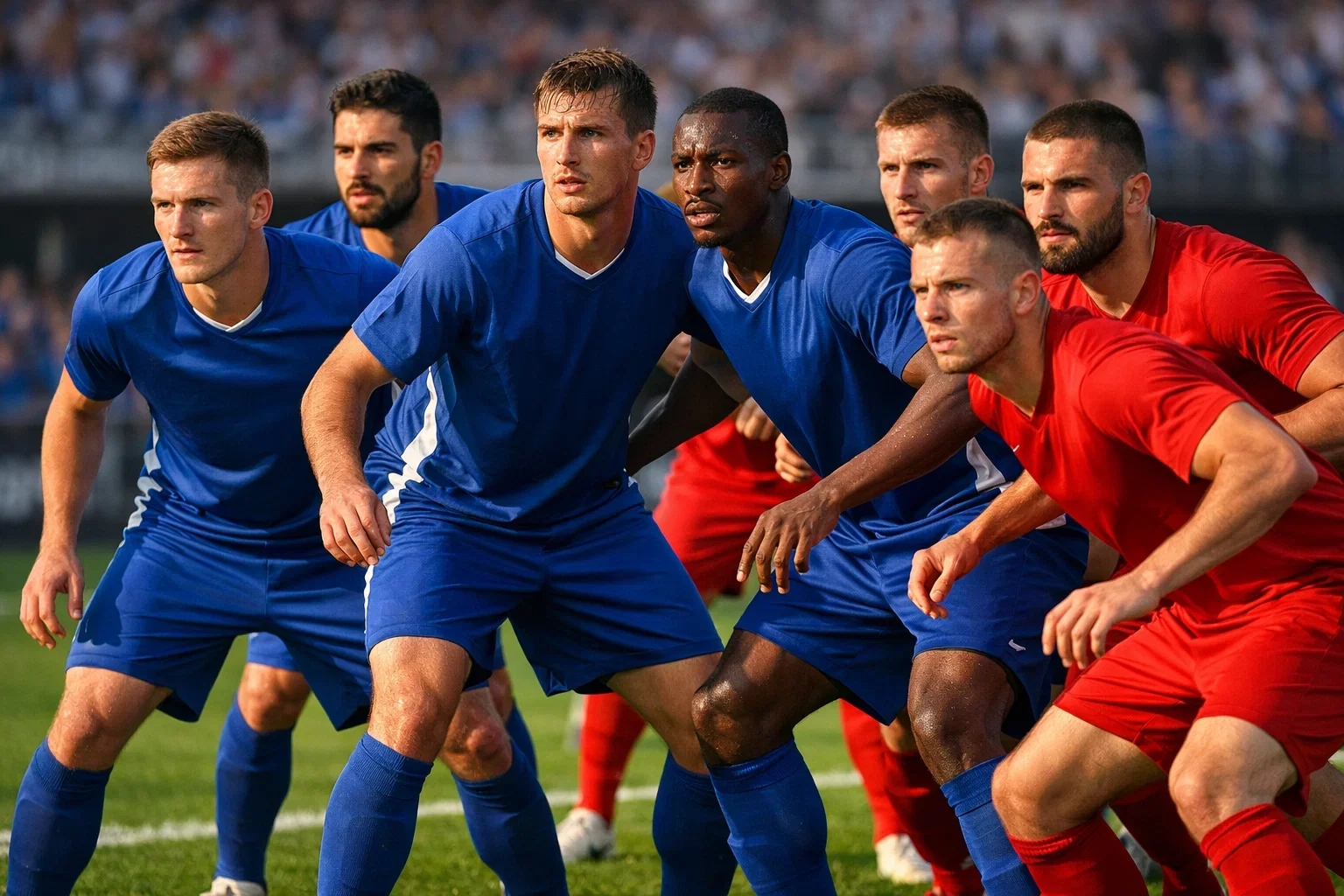 Jugadores de fútbol en un momento de máxima tensión durante un partido decisivo