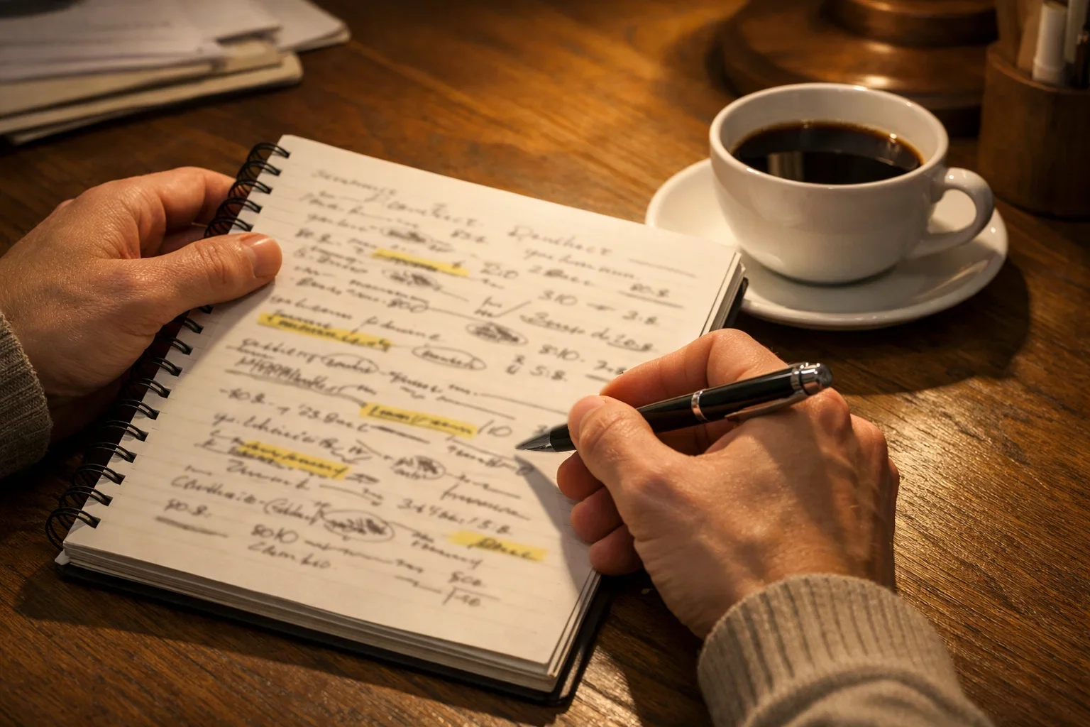 Persona tomando notas mientras analiza datos de partidos en papel