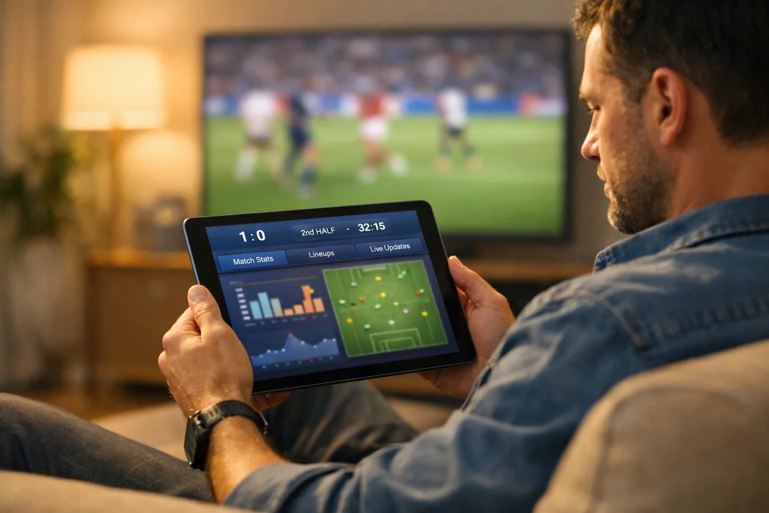 Aficionado consultando opciones de mercados en su tablet durante un partido