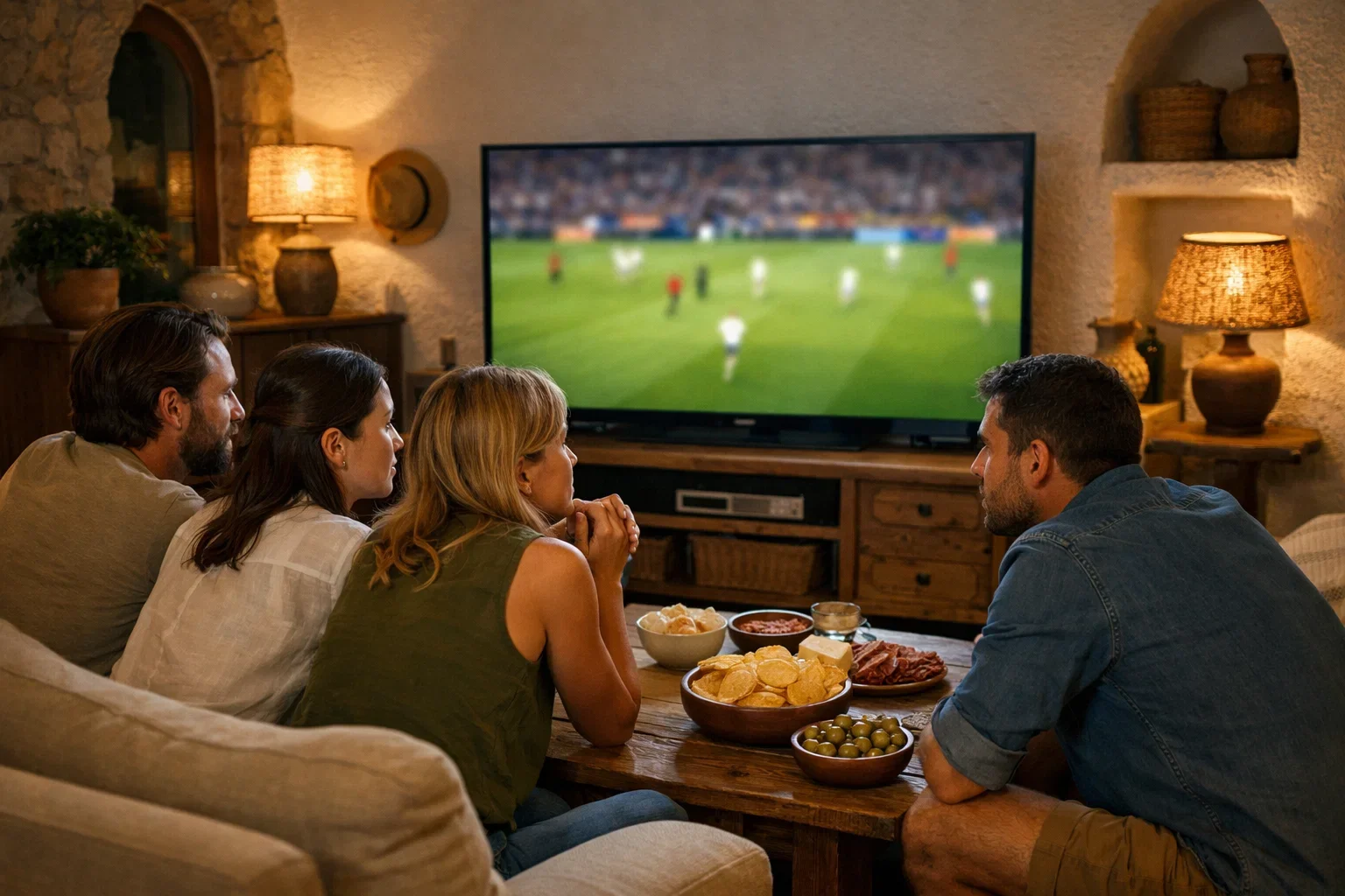Grupo de amigos viendo un partido de fútbol en directo por televisión