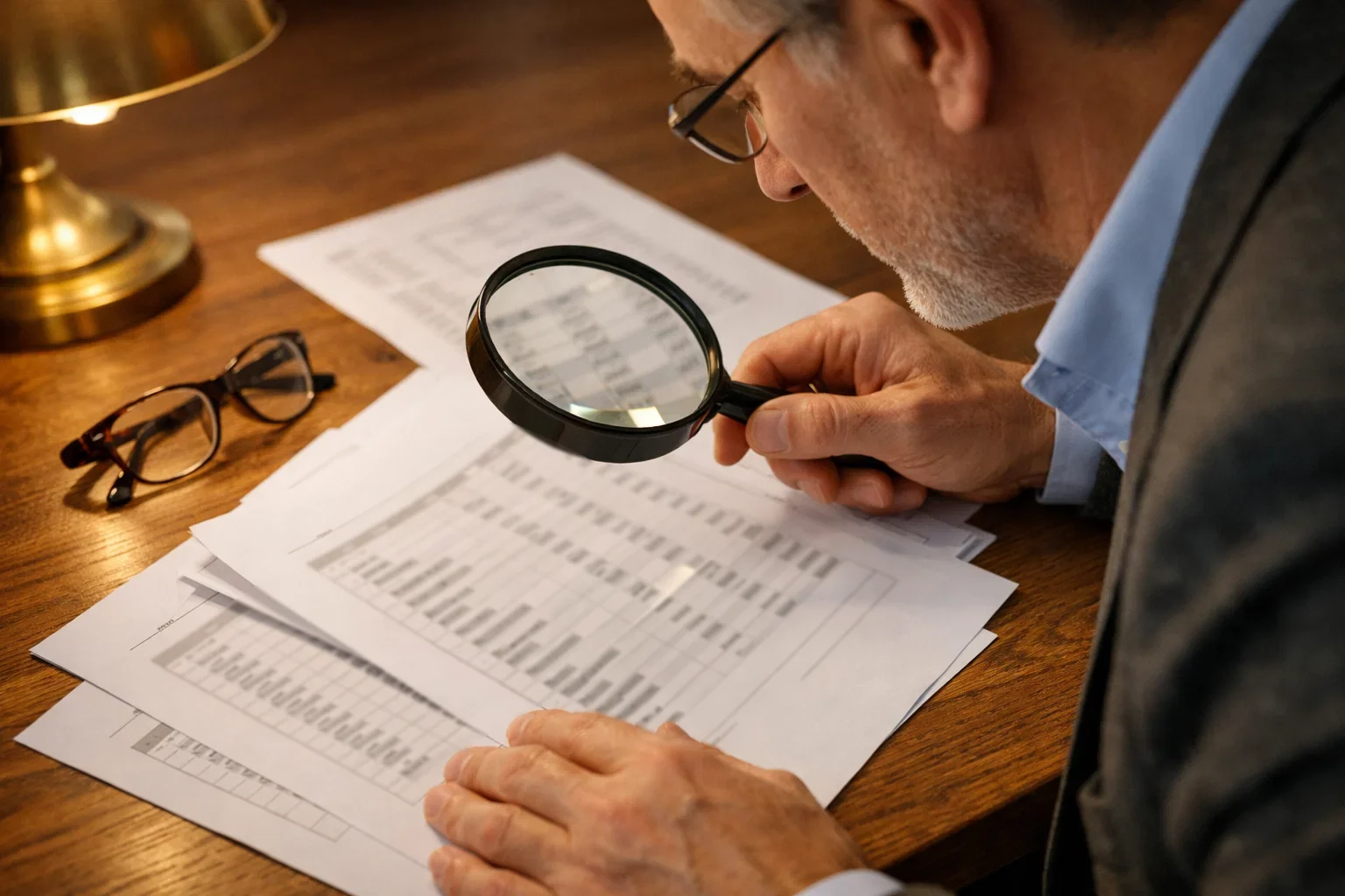 Profesional analizando probabilidades en documentos con lupa