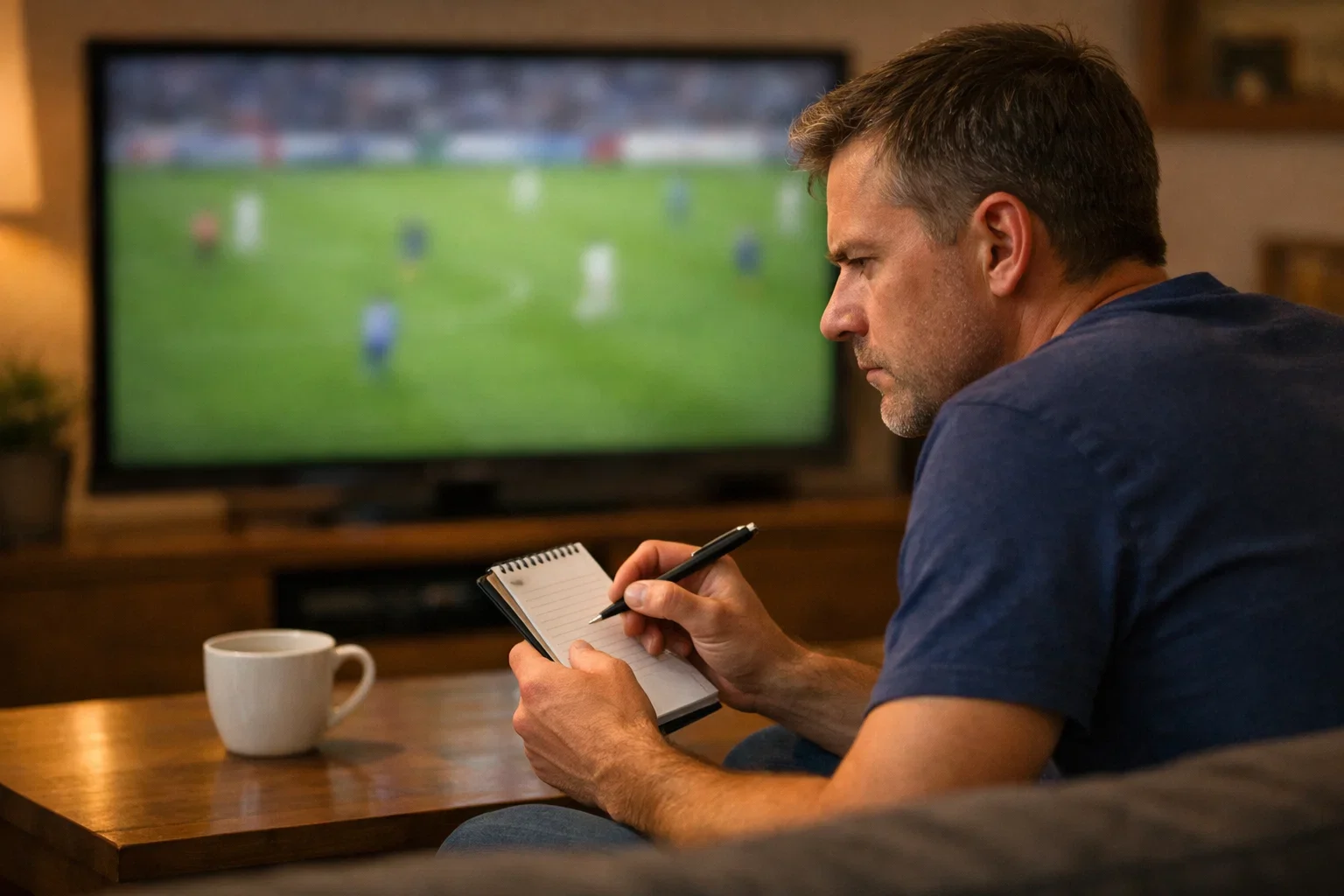 Persona atenta viendo un partido de fútbol en televisión tomando notas